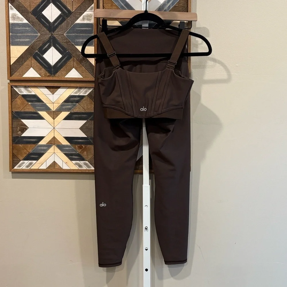 ALO Yoga 7/8 High-Waist Airlift Legging + Corset Bra Set Espresso Brown sz Small